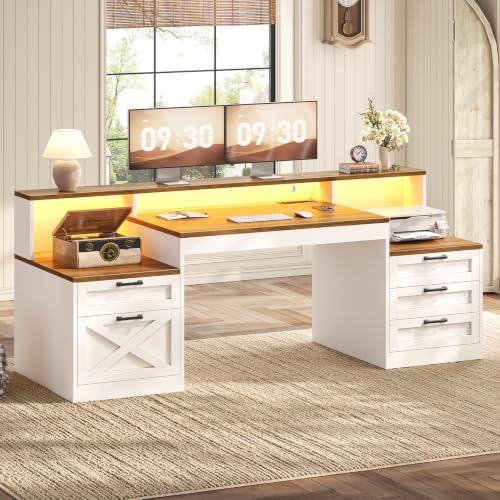 63" Farmhouse Office Desk with 5 Drawers, White and Brown