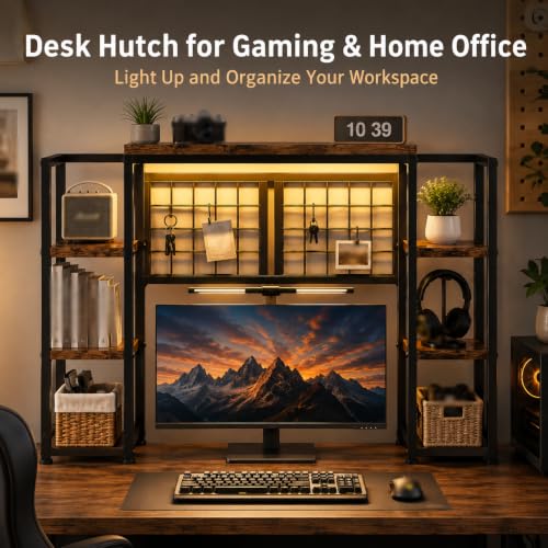 5-Tier LED Desk Hutch, Desk Shelf for Dorm Home Office, Rustic Brown