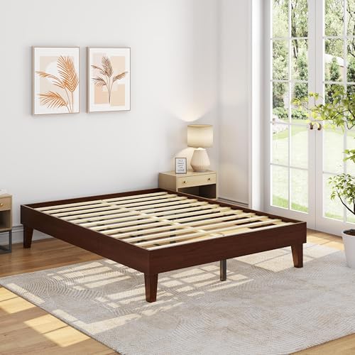 Queen Size Solid Wood Platform Bed Frame Low-Profile Dark Walnut