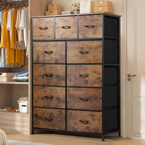 Entertainment Center with 11 Fabric Drawers, Rustic Brown