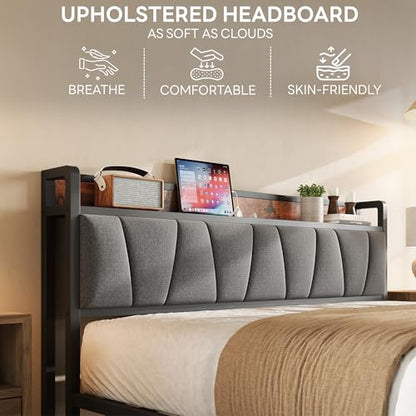 Queen Size Bed Frame with Storage Headboard and Charging Station