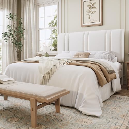 Queen Size Velvet Bed Frame with Adjustable Headboard, White