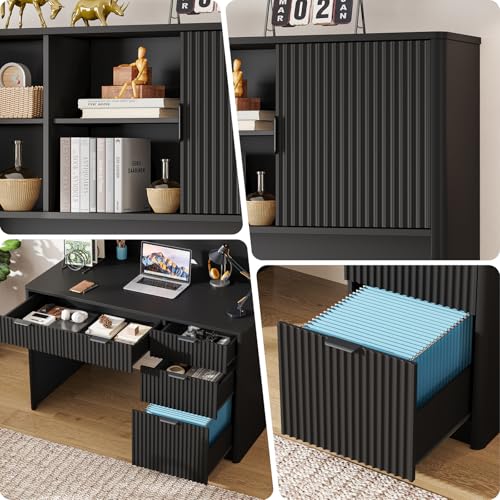 Executive Desk with Fluted Drawers, Pure Black