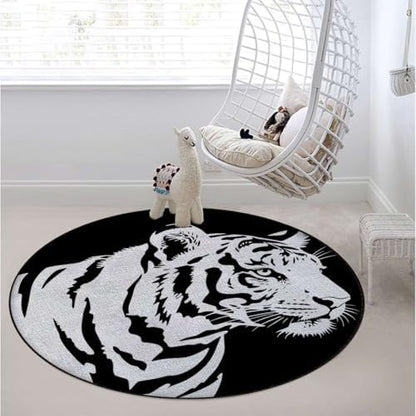 Black Lines Round Area Chair Mat for Hardwood Floors, Tiger Profile Jungle Animal Swivel Chair Protector, Protect The Floor from Scratches, Black White Diameter 51 in