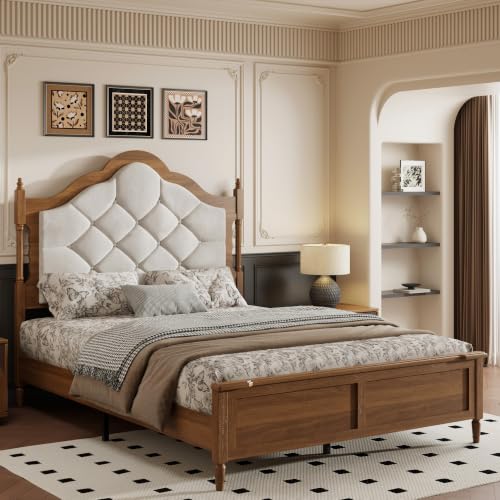 Queen Size Platform Bed Frame with Upholstered Headboard, Mid Century Modern Wood Bed Frame with Panel Footboard, No Box Spring Needed, Heavy Duty Support for Master Bedroom