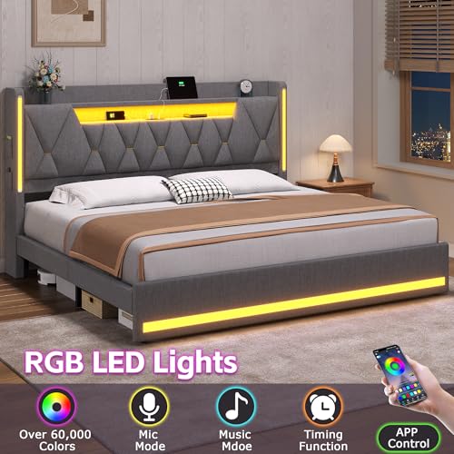 King Size Bed Frame with Storage Headboard and LED Lights