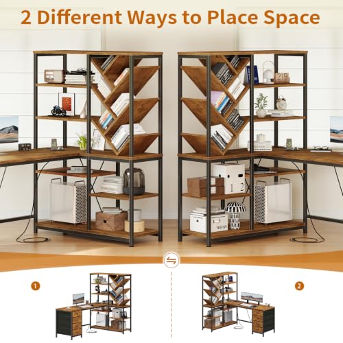 58" L Shaped Desk with Bookshelf and 3 Drawers for Home Office