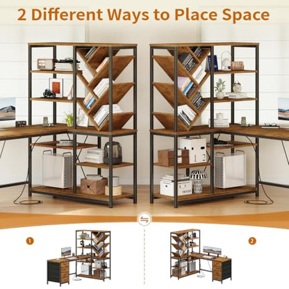 58" L Shaped Desk with Bookshelf and 3 Drawers for Home Office