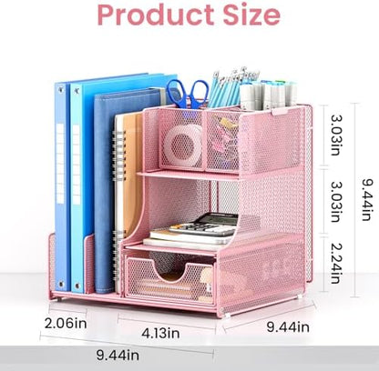 Lavatino Desk Organizer – 4-in-1 Pink Mesh Office Supplies Organizer with Pen Holder, File Holder, Desktop Tray, and Drawer for Home, Office, Classroom