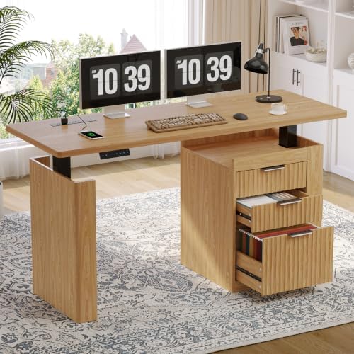ONBRILL 55" Electric Standing Desk with File Cabinet & Storage, Oak Brown
