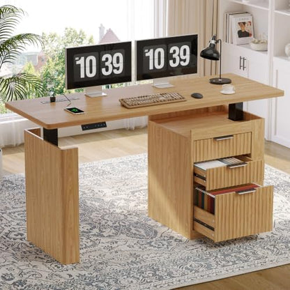 ONBRILL 55" Electric Standing Desk with File Cabinet & Storage, Oak Brown