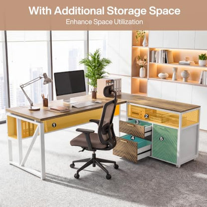 63" Executive Desk with Drawer Cabinet, L-Shaped Desk, Walnut