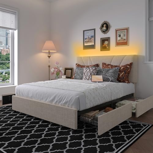 Queen Bed Frame with Drawers/Charging Station/LED Light, Beige