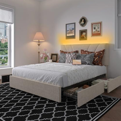 Queen Bed Frame with Drawers/Charging Station/LED Light, Beige