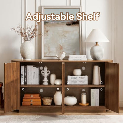 64" Fluted Buffet Cabinet with Storage, Walnut Sideboard Cabinet