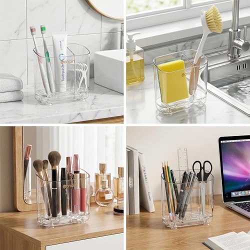 Acrylic Electric Toothbrush Holder with Detachable Base, 2 Slots Wall-Mounted Bathroom Storage Caddy, Clear Makeup Brush Organizer with Removable Divider for Toothpaste, Razors, Kitchen & Office Desk