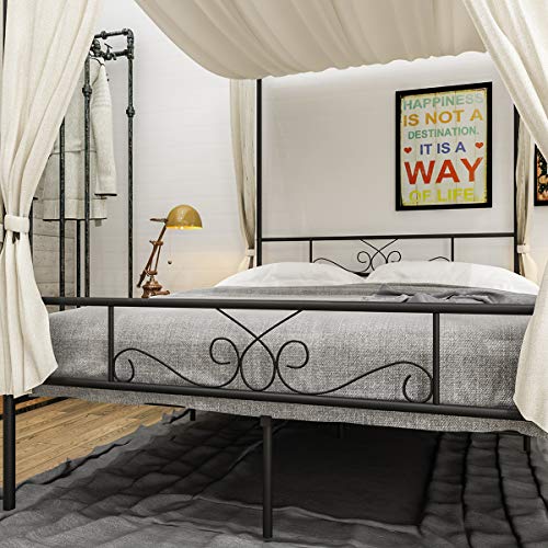 Full Metal Canopy Platform Bed Frame with Headboard, Black