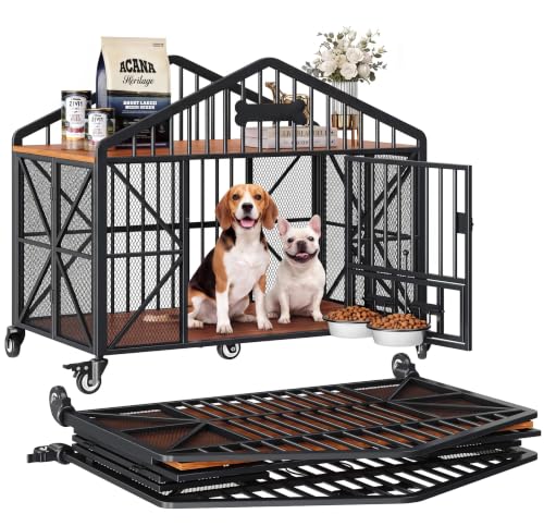 41.5" Foldable Dog Crate Furniture with 5 Wheels & Adjustable Bowls