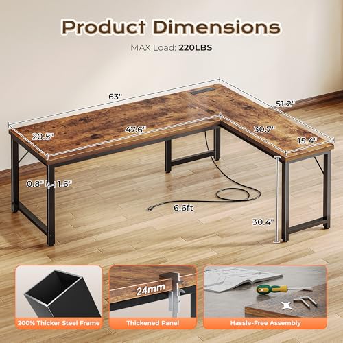 63 Inch L Shaped Desk with Power Outlets & 0.95 Inch Thicker Desktop