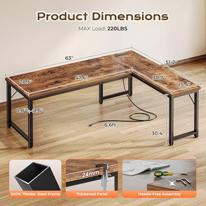 63 Inch L Shaped Desk with Power Outlets & 0.95 Inch Thicker Desktop