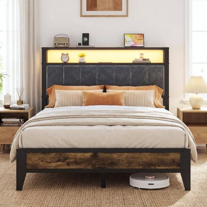 Full Size Bed Frame with Headboard, LED Light & Charging Station