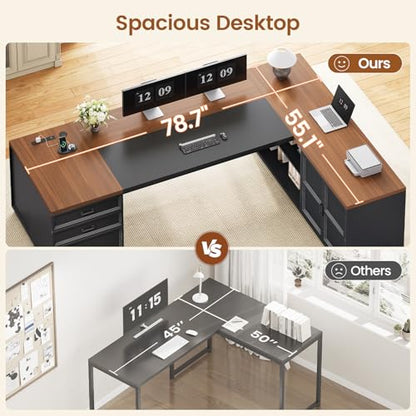 78.7" L Shaped Executive Desk with Charging Station, Large Home Office Computer Desk with File Drawers & Adjustable Storage Cabinet, CPU Stand, Modern L Desk for Business, Black + Brown