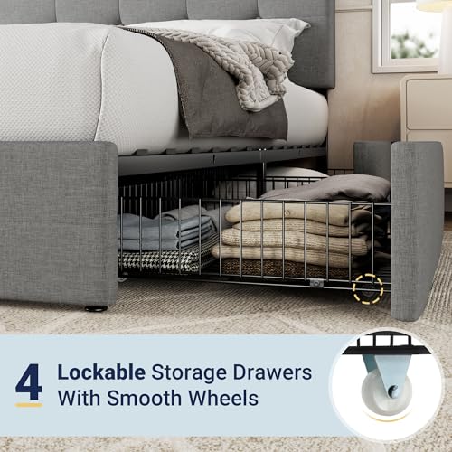 King Size Storage Bed Frame with 4 Underbed Drawers, Upholstered Platform Bed with Adjustable Headboard, Square Button Tufted, Easy Assembly, Noise-Free, No Box Spring Needed, Light Grey