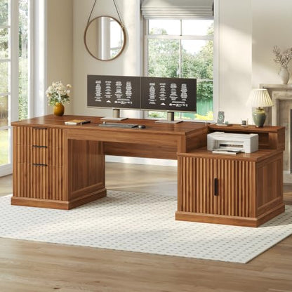 70.9" Executive Desk, Fluted Office Desk with Drawers, Brown