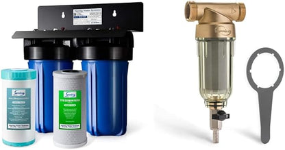 iSpring WGB21BM 2-Stage Whole House Water Filtration System, 10”x4.5” & Manganese Reducing Filters, 1" Ports & WSP-100 Reusable Whole House Spin Down Sediment Water Filter, 1" MNPT + 3/4" FNPT, Brass