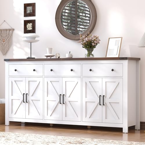 71" Large Sideboard Buffet Cabinet with Storage, Modern Farmhouse Coffee Bar with 3 Drawers and 6 Barn Doors, Dining Room Storage Cabinet, for Kitchen, Living Room, White Wood