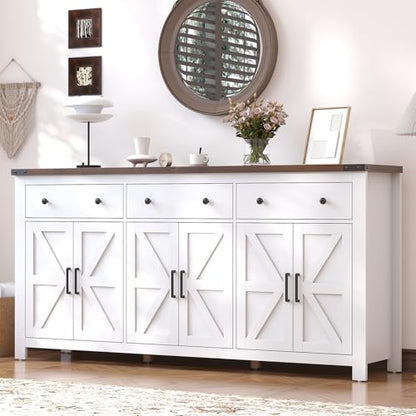 71" Large Sideboard Buffet Cabinet with Storage, Modern Farmhouse Coffee Bar with 3 Drawers and 6 Barn Doors, Dining Room Storage Cabinet, for Kitchen, Living Room, White Wood