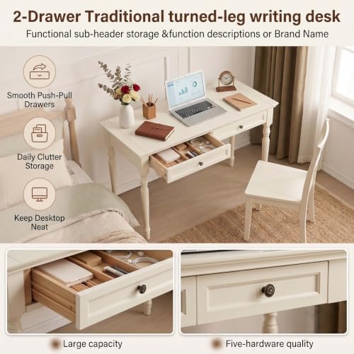 47” Solid Wood Writing Desk with Drawers, White