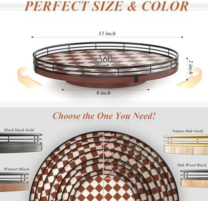 AMH 13-Inch Brown White Checkerboard Lazy Susan with Black Metal Rail