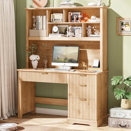 Fluted Computer Desk with Hutch, Wood Executive Desk with Ample File Drawer, Home Office Desk with Drawers for Study, Bedroom, Living Room, Natural