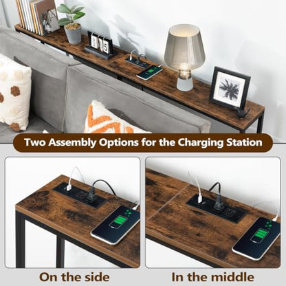 70.9" Console Table with Power Outlet, Narrow Sofa Table, Brown