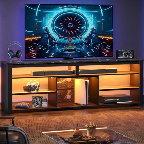 Tall TV Cabinet with LED & Storage, 80", Black Marble Gaming Stand