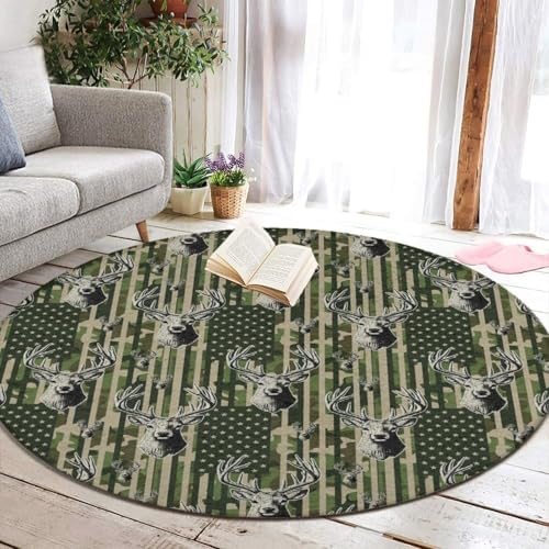Men's Large Home Decor Mat, Soft Round Yoga Carpet, Non Slip Machine Washable Home Office Circle Rug American Flag Camouflage Hunting Deer Camo, 60inch