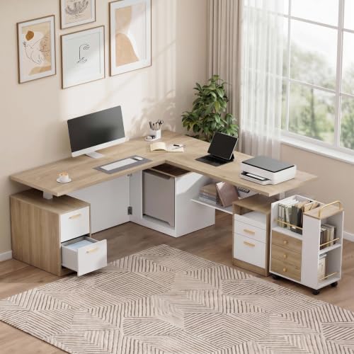 71" L-Shaped Standing Desk with Mobile File Cabinet, Light Walnut