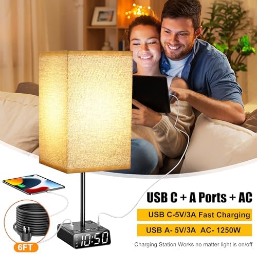 Touch Control Nightstand Light,Bedside Lamp with Alarm Clock&Charging Station - 2 Alarm Clock+ 2AC + 1USB-A + 1USB-C,Lamps with USB Ports and Outlets,3-Level Dimmable Touch Lamp