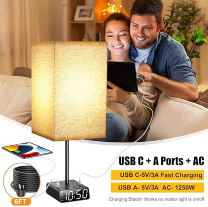 Touch Control Nightstand Light,Bedside Lamp with Alarm Clock&Charging Station - 2 Alarm Clock+ 2AC + 1USB-A + 1USB-C,Lamps with USB Ports and Outlets,3-Level Dimmable Touch Lamp