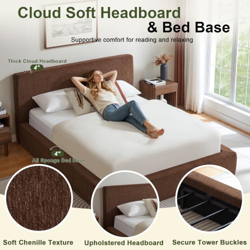Queen Cloud Bed Frame with Headboard, No Box Spring Needed, Brown-Style A