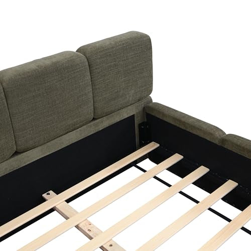 Queen Linen Blend Platform Bed, Thick Headboard and Footboard, Green