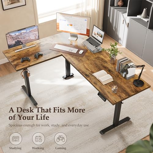 L Shaped Standing Desk 63 x 48 Inch, Electric Height Adjustable Corner Desk for Home Office Workstation, Ergonomic Sit to Stand Computer Table with Memory Controller, Rustic Brown