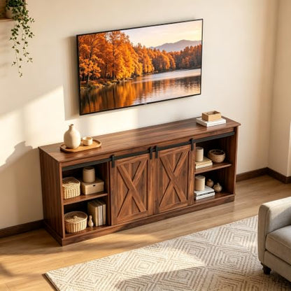 Farmhouse TV Stand for 65" TV, Media Console, Sliding Barn Doors