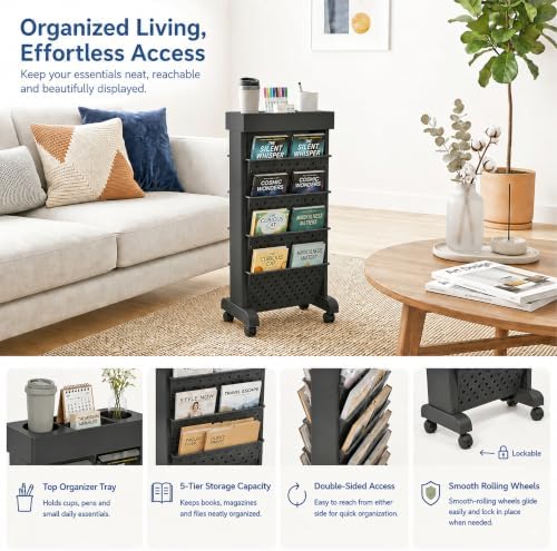 5-Tier Rolling Bookshelf Cart with Wheels, Black