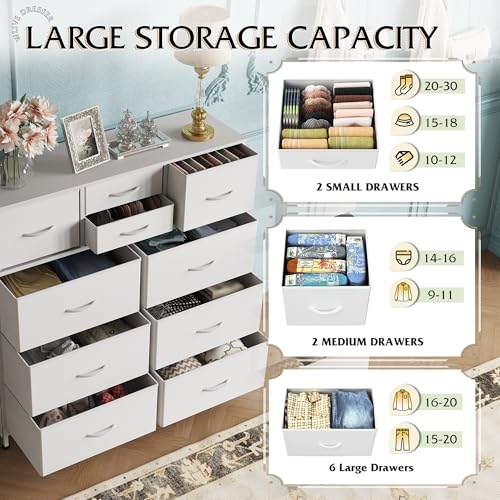 10 Drawer White Fabric Dresser for Bedroom, Side Pockets Chest