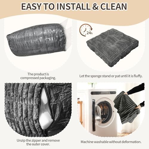 Floor Cushions, Corduroy Floor Pillow, Floors Pillows for Adults & Pets, Large Floors Pouf, Square Floored Pillows for Sitting & Yoga(2PC, Dark Grey，22"×22"×3.9")