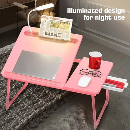 CloudTrip Plus XL Adjustable 17in Laptop Desk with Light, USB Port, iPad Holder, Drawer Storage - Larger 23.6IN Adjustable Lap Desk for Bed, Home Office, Breakfast Tray, Fordable Legs Desk (Pink)