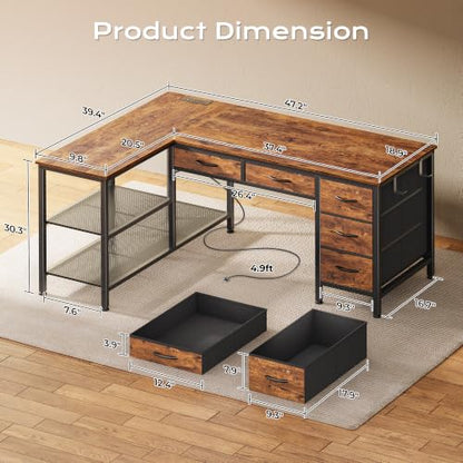 47 Inch L Shaped Desk with Power Outlets, 5 Fabric Drawers