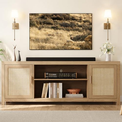 Rattan TV Stand 66In for 75 inch Natural Oak